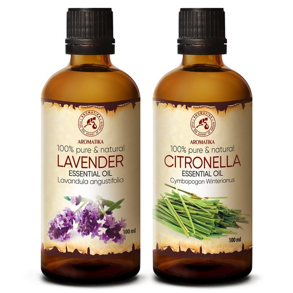 Essential Oils Set 2 x 100 ml - Lavender Essential Oil and Citronella Oil - Aromatherapy Gift Set for Diffuser - Oils for Diffusers and Soap Making - Oils for Candles and Romance - Oil Burner