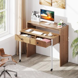 Nightcore Extendable Computer Desk, Convertible Home Office Desk w/Monitor Shelf & 2 Storage Drawers, Compact Study Writing Desk Laptop Workstation w/Metal Frame & Lockable Wheels (White)