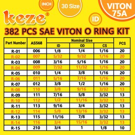 KEZE 382 Pcs SAE Viton O Ring Assortment Kit 30 Sizes Brown O-Ring Set for Various Automobiles Engines Pumps cylinders Plumbing High Temperature Chemicals Resistance 75A with O Rings Hook