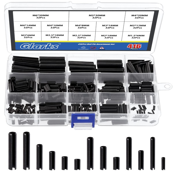 Glarks 416Pcs Black Roll Pin Assortment Set M1.5 M2 M2.5