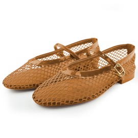 MALUQASS Mesh Flats for Women Ballet Mary Jane Flats Summer Ballet Buckle Strap Ballerina Flat Shoes, Ultra Soft Microfiber Upper, Arch Support, Breathable Comfy Office Daily Casual Dressy Memory Foam Mesh Shoes for Women Brown