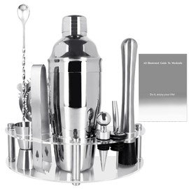 9Pcs/Set Cocktail Shaker Set with Stand, 750ml (25oz) Cocktail Shaker Bartender Kit: Bar Tool Set, Drink Mixing Includes Shakers Strainer Jigger Bar Mixer Spoon Muddler Pourer Bottle Stopper (Silver)