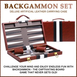 Backgammon Sets for Adults-15 inch Backgammon Brown Sets Classic Board Game with Premium Leather Case, Portable Travels Strategy Backgammon Game Set for Adults, Kids(Brown)