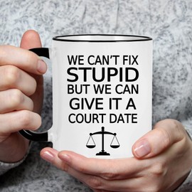 We Can't Fix Stupid But We Can Give It A Court Date Mug, Christmas Gifts for Lawyer Law Student Teacher Attorney 11 Ounce Black Handle