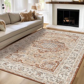 VK·LIVING 5x7 Area Rugs for Living Room Bedroom, Machine Washable Dining Room Carpet, Vintage Persian Rug with Rubber Backing, Lightweight Indoor Oriental Carpets with Non Slip Stain Resistant, Brown