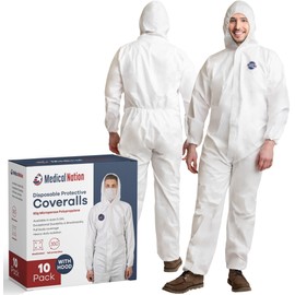 Medical Nation Hazmat Suits | 10 Pack, Small | Disposable Protective Coveralls, Heavy Duty Full Body Painters Suit for Men & Women with Hood, Sleeves, Zipper - Breathable & Water Resistant - Small