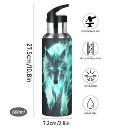 White Green Wolf Lightning Fire Water Bottle Leakproof Insulated Stainless Steel Hot Cold Water Flask with Straw Lid for Sports Travel 20 oz
