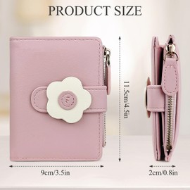 AdiStylinno Small Wallets for Women, Cute Flowers Print Wallet Small Bifold Leather Purse with ID Window and Zip Coin Pocket (Pink)