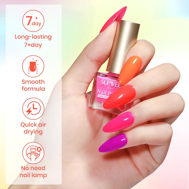 SUPWEE Bright Neon Nail Polish Set, Summer Rainbow Quick Dry