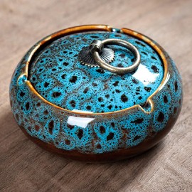 Handmade Ceramic Ashtray with Lids, Windproof Ashtray Smokeless for Indoor or Outdoor, Ash Holder for Patio Desktop Office Smokers, Ash Tray for Tabletop Home Office Decor (Mix Blue, M-Size)