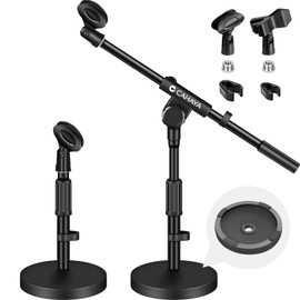 CAHAYA Microphone Stand Desk Adjustable: Boom Arm Mic Stand Desktop with 2 Mic Clips Reinforced Metal Base Table Mic Mount with 3/8" to 5/8" Screw Adapter for Singing Performance Wedding Stage Black