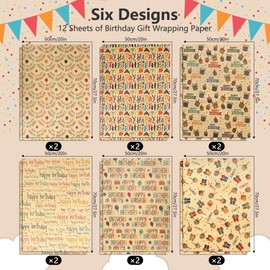 Kraft Birthday Wrapping Paper 12 Sheets Birthday Gift Wrapping Paper Folded Flat with 12 Gift Tags for Birthday Party Baby Shower Holiday