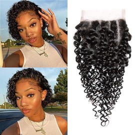4x4 Lace Closure Deep Wave Closure Human Hair Closure Curly Curly Lace Closure 100% Unprocessed Human Hair Free Part Closure Human Hair Natural Black Color (Kinky Curly, 12)