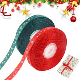 2 Rolls Christmas Ribbon, 22 m Decorative Ribbon Christmas, 10 mm Gift Ribbon Christmas Red Green, Decorative Ribbon Christmas Ribbon with Christmas Tree Pattern for Gifts and Christmas Decorations