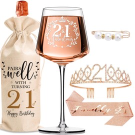 21st Birthday Gifts for Women Her - Sweet Decorations with Vintage Wine Glasses, Wine Bag, Birthday Sash, Crown, Elegant Princess Rhinestone Tiara, Perfect for Women, Sister, Daughter,BFF,Girlfriend