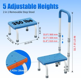 WHOMEC Step Stool with Handles for Elderly-Bed Stools with Adjustable Handrails and Non-Skid Platform,Foot Stool for Bedside,Kitchen,Car,Bathtub,Holds up to 350 lbs