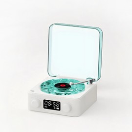 Bluetooth Record Player, 3 in 1 Vinyl Speaker in Record Player Style with Night Light and Time Display, Mini Record Player with 4 Nature Sounds