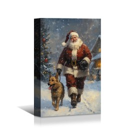 Christmas Scene Canvas: Santa Strolling with Dog in Snowy Forest, Charming Canvas Art Perfect for Christmas Home Decorationcolor: As shown, size: 12*16 inch