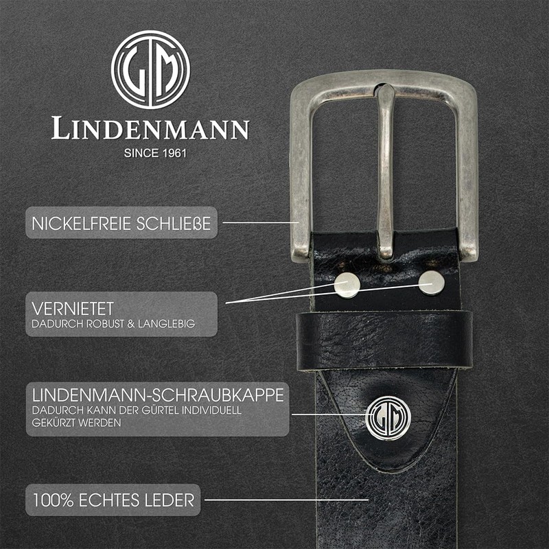 LINDENMANN Men's Buffalo Leather Belt 40 mm Black, black