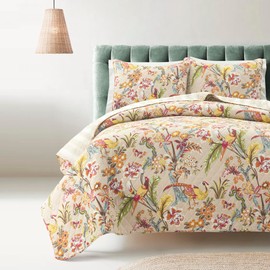 Lush Decor Dolores Reversible Cotton Quilt Set, 3 Piece Set, King, Neutral & Multi - Soft Tropical Bedding Set - Floral & Bird Quilt - Cottage, Maximalist & French Country Bedroom Decor