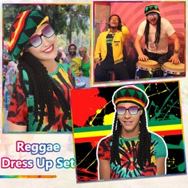 Kyndara 5Pcs Rasta Costume Accessories Set, Jamaican Reggae Outfit Kit with T-Shirts Hats Rasta Sunglasses Necklaces Bracelets for Men Women Carnival Cosplay Parties
