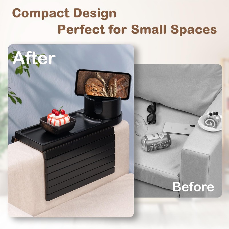 Couch Cup Holder Tray for Armrests Over 4.9" Wide, Bamboo