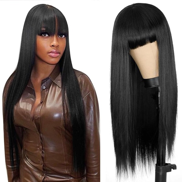 Niawigs Silky Straight Human Hair Wigs with Bangs for Black