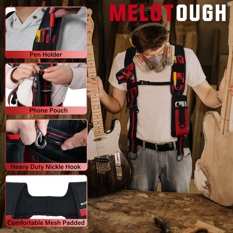 MELOTOUGH Tool Belt Suspenders Tool Bag Suspenders Padded Construction Work