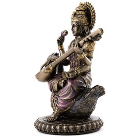 Top Collection Saraswati Sitting on Swan Playing the Vina Statue - Hindu Goddess of Music and Knowledge Sculpture in Premium Cold Cast Bronze - 8.5-Inch Collectible Hindu Figurine