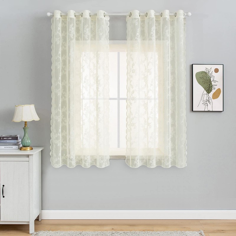 MIULEE Lace Curtains 63 inch Length, Embroidered Semi Sheer Curtains