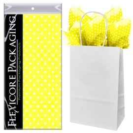 Flexicore Packaging White Kraft Paper Gift Bags & Yellow Gift Wrap Tissue Paper | Size: 5.25 Inch X 3.25 Inch X 8.25 Inch | Count: 50 Bags | Color: Yellow Polka Dot
