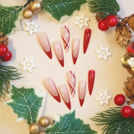 24Pcs Christmas Red French Tip Press on Nails Long Almond Snowflake False Nails Stripe Design Xmas Acrylic Nails Full Cover Artificial Coffin Nails Reusable Glue on Nails for Women Winter Nails