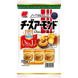 Sanko Cheese Almonds 15PC (Pack of 6), Crispy Rice Crackers Topped with Mellow Cheese & Unsalted Almonds from Niigata Prefecture, Japanese Rice Cracker Snack, MADE IN JAPAN, Limited Stock