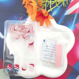 Independence Day Press on Nails 4th of July Fake Nails Stars Lines Glitter Blue Glue on Nails Red White French Tip False Nails Short Square Nails Press ons Artificial Stick on Nails for Women 24Pcs