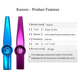 2 Packs Kazoos (Blue, Purple) with 6 Pcs Membrane Flutes Diaphragm All In A Gift Box