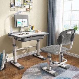 LVYUAN Kids Desk and Chair Set, Height Adjustable Kids Study Desk for Bedroom, Desk for Kids with Tiltable Desktop, 3 Modes Light, Go Back School Desk, Grey