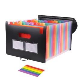 Slomg 25 Pockets Plastic Expanding File Folders with Tabs, Black Accordion File Organizer, Portable Expandable Filing Box, Desktop Folder for School Office Letter A4 Paper Document Receipt Storage