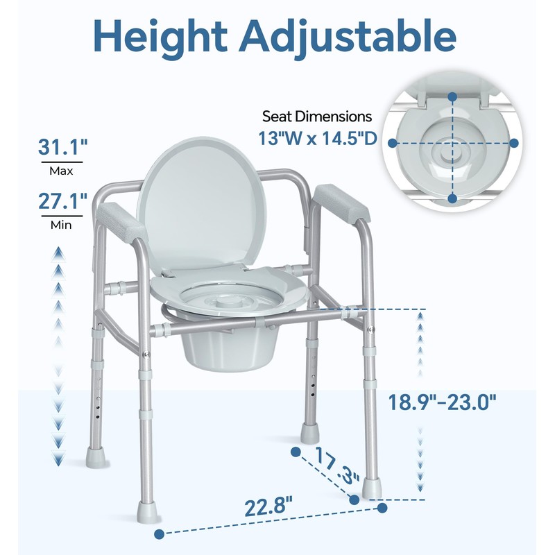 HOMLAND 3-in-1 Bedside Commode with Sturdy Dual-Crossbar Support Construction, Stable