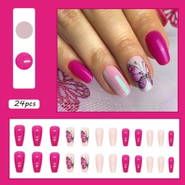 24Pcs Medium Press on Nails Long Solid Color Fake Nails with Shiny Gradient Purple Butterfly Design Glossy Artificial Acrylic Nails Stick on Nails Fashion False Nails for Women DIY Nails Decorations