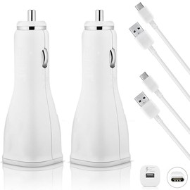 Turbo 15W [2Pack] Car Chargers Compatible with Alcatel Idol 5S with Fast 15W Quick Charging Plus Detachable Hi-Power USB Type-C Cable! (White)