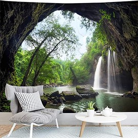 Green Nature Landscape Tapestry Rainforest Tapestry Waterfall Tapestries River Wooden Bridge Wall Hanging Tapestry For Living Room Bedroom Dorm Home Decor (59" x 51", Color #004)