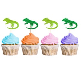 24PCS Chameleon Cupcake Toppers, Cold-blooded Animal Party Cupcake Toppers, Pet Birthday Dessert Picks, Reptile Animal Party Decoration - Green Glitter