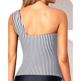 Tempt Me Women White Stripe Tankini Top Swim Tops Ruched One Shoulder Bathing Suit Swimsuit Tops Only L