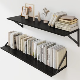 Heimlove Black Deep Floating Shelves for Wall, 32W x 8D Wood Wall Shelves Set of 2, Wide Floating Bookshelf for Living Room, Kitchen, Office, Bedroom and Decor Storage, with Metal Bracket - Black