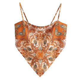 Women's Boho Paisley Print Satin Bandana Top Hanky Hem Tie Back Adjustable Spaghetti Strap Cami Tube Tops