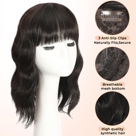 TYQ Hair Toppers for Women with Thinning Hair 14 Inch, 360° 3D Synthetic Curly Wavy Wispy Clip in Bangs(Brown Black)