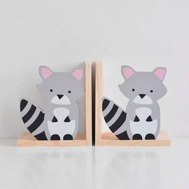 2Pcs Wooden Bookends for Kids - Adorable Cartoon Book Ends, Book Stoppers Holders, Children's Room & Nurseries Decoration for Shelves, Raccoon