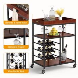 TANGZON 3-Tier Kitchen Serving Trolley, Rolling Bar Cart with Wine Rack, Glass Holders & Wheels, Metal Frame Drinks Trolley for Dining Room Restaurant (3-Tier Wine Rack, 3-Tier Shelf, 71x45x93cm)
