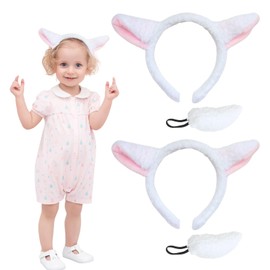 TUONYIS 4 Pcs Animal Lamb Costume Set, Sheep Lamb Ears Headband Tail Set, Sheep Headband with Ear, for Animal Costume Cosplay, Adults, Childrens Fancy Dress, Party Supplies (White, Pink)
