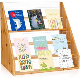 Listeadio 5 Tier Greeting Card Display Stand,Bamboo Card Display Stand for Cards, Durable Stylish Showcase Organizer with High-Transparency Panels for Vendors Table Shows